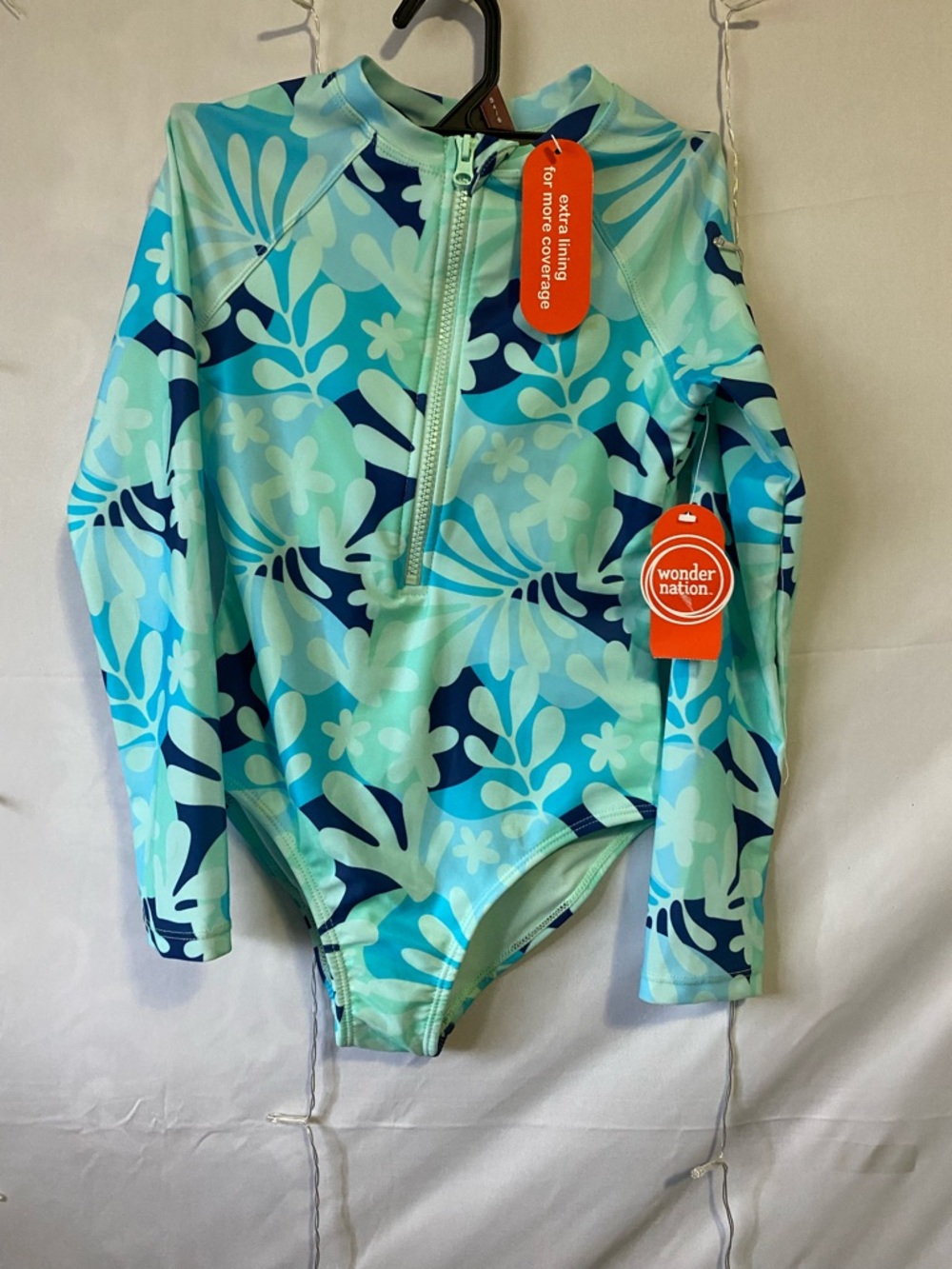 wonder nation Aqua & Navy Floral Long-Sleeve Girls' Rashguard Swimsuit